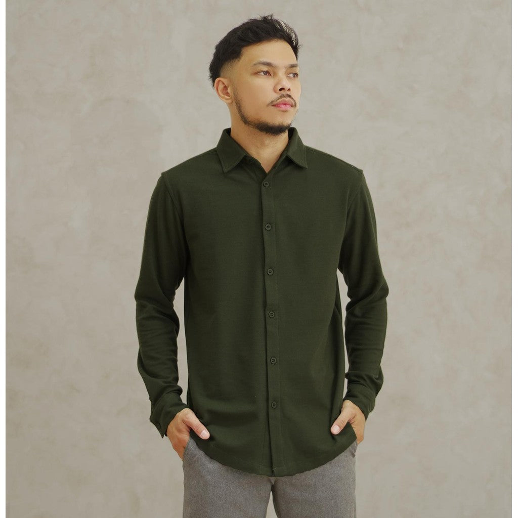 Matsuda Kemeja Pria Pique Lengan Panjang Shunan Olive