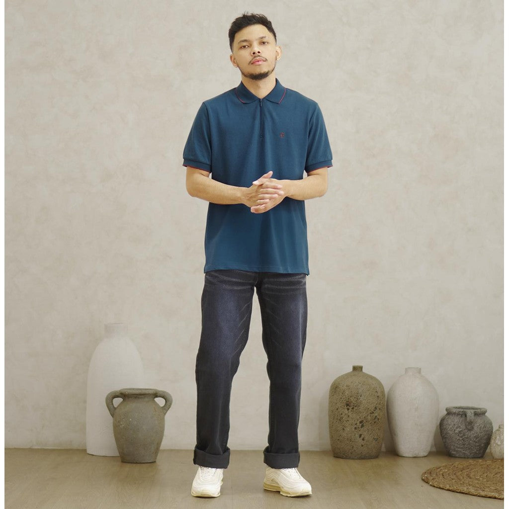 MATSUDA Kaos Polo Shirt Pria Kerah Half Zip Shibata Blue Teal