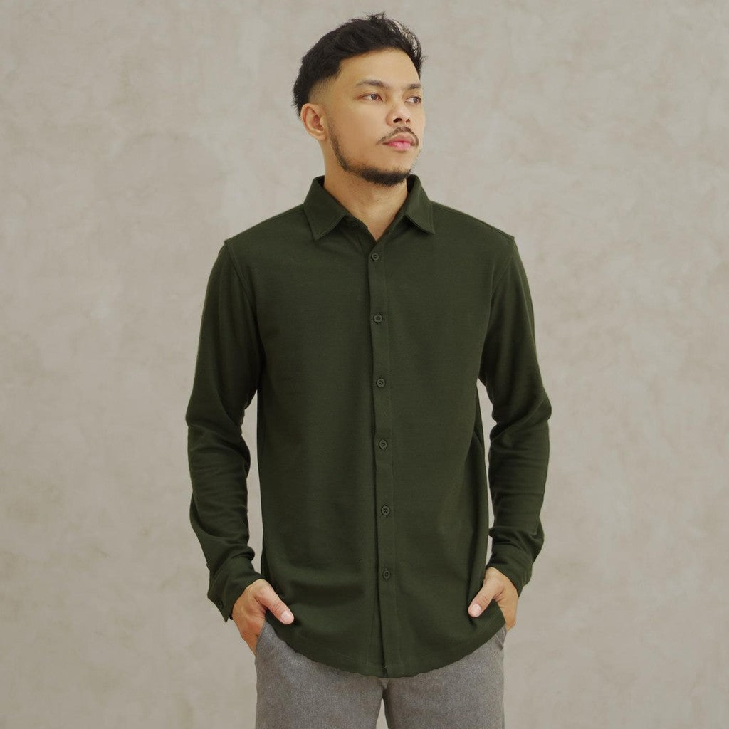 Matsuda Kemeja Pria Pique Lengan Panjang Shunan Olive