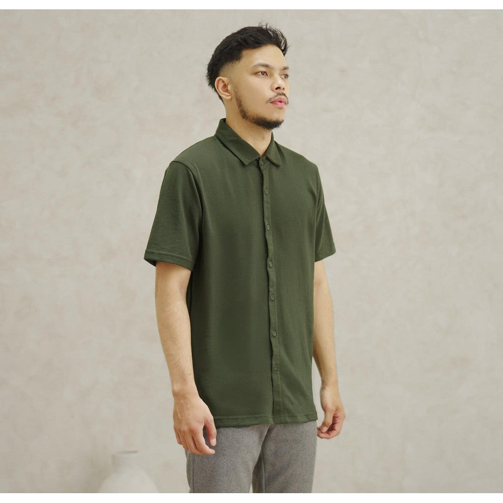 Matsuda Kemeja Pria Polos Lengan pendek Pique Kasual Shiroi Olive