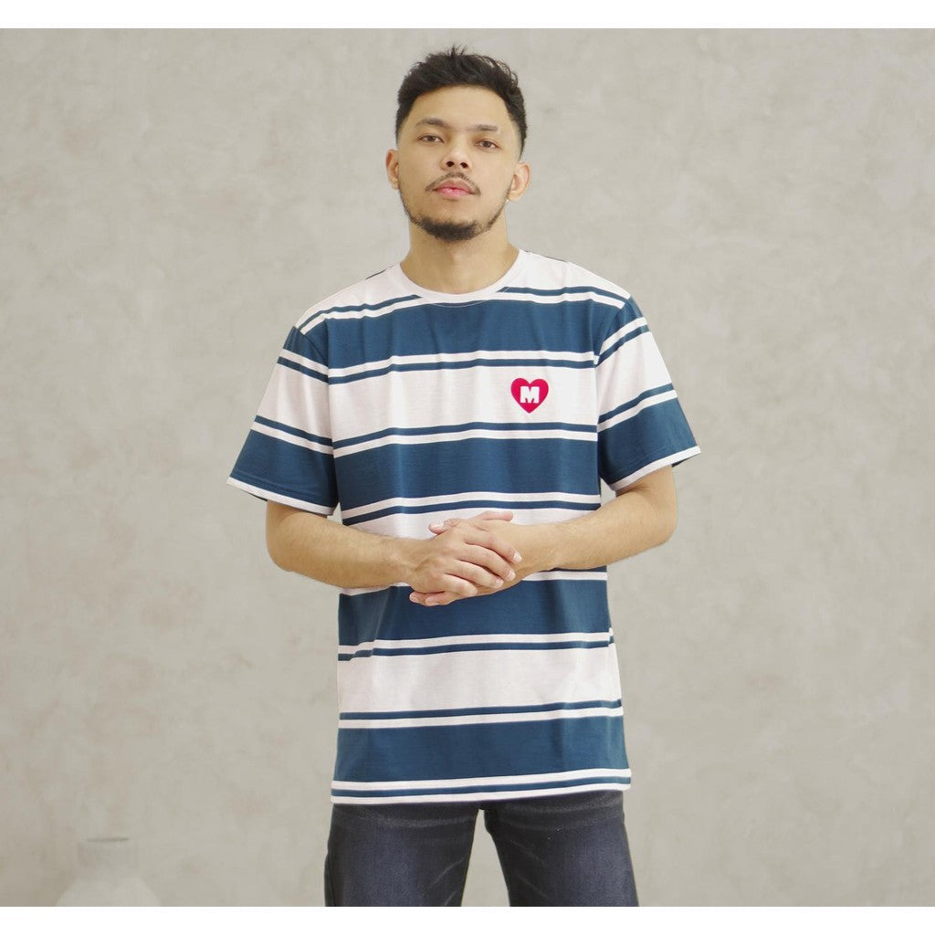 MATSUDA Kaos Pria T-Shirt Stripe Cotton Tsukumi Teal White