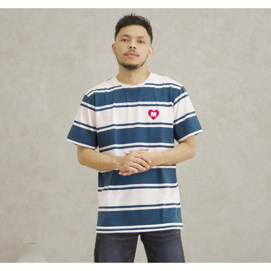 MATSUDA Kaos Pria T-Shirt Stripe Cotton Tsukumi Teal White
