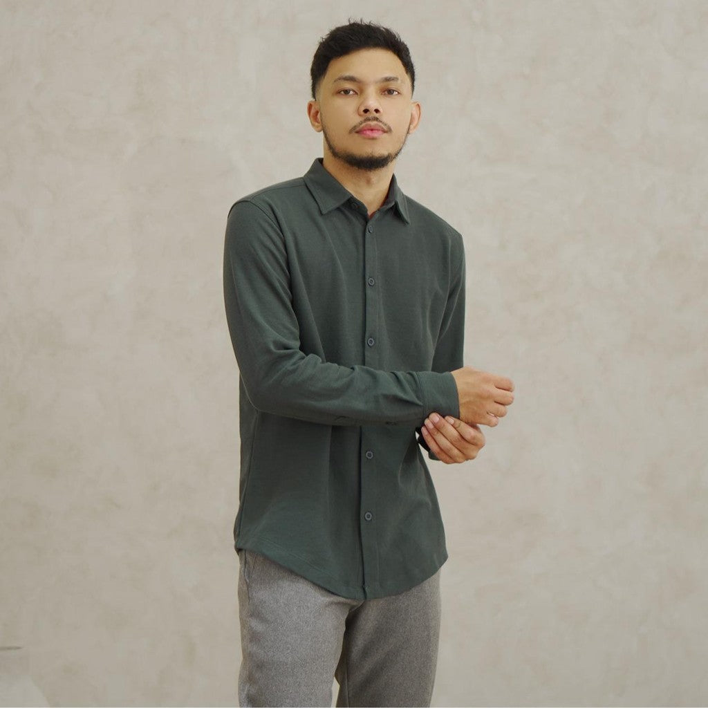 Matsuda Kemeja Pria Pique Lengan Panjang Shunan Olive