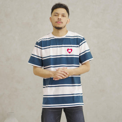 MATSUDA Kaos Pria T-Shirt Stripe Cotton Tsukumi Teal White
