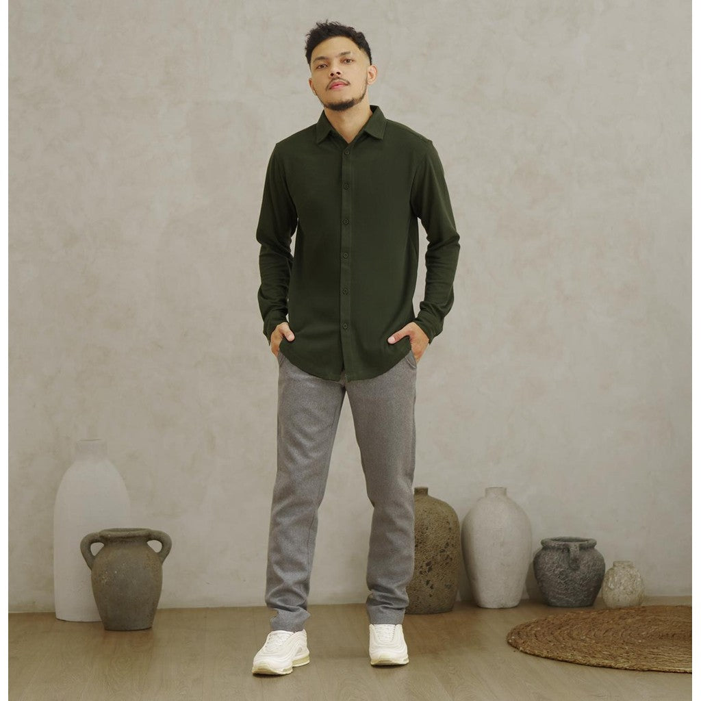 Matsuda Kemeja Pria Pique Lengan Panjang Shunan Olive