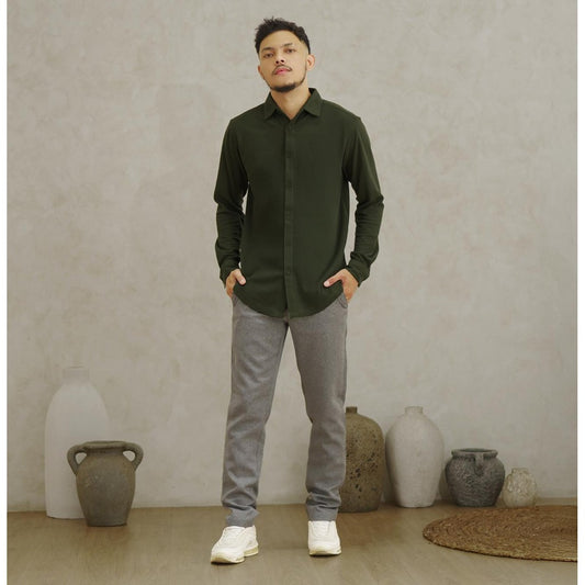 Matsuda Kemeja Pria Pique Lengan Panjang Shunan Olive