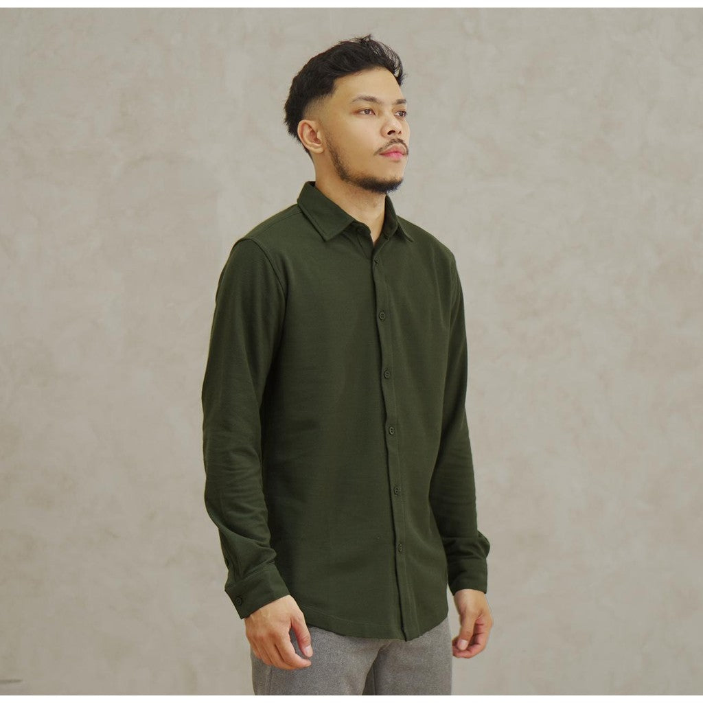 Matsuda Kemeja Pria Pique Lengan Panjang Shunan Olive