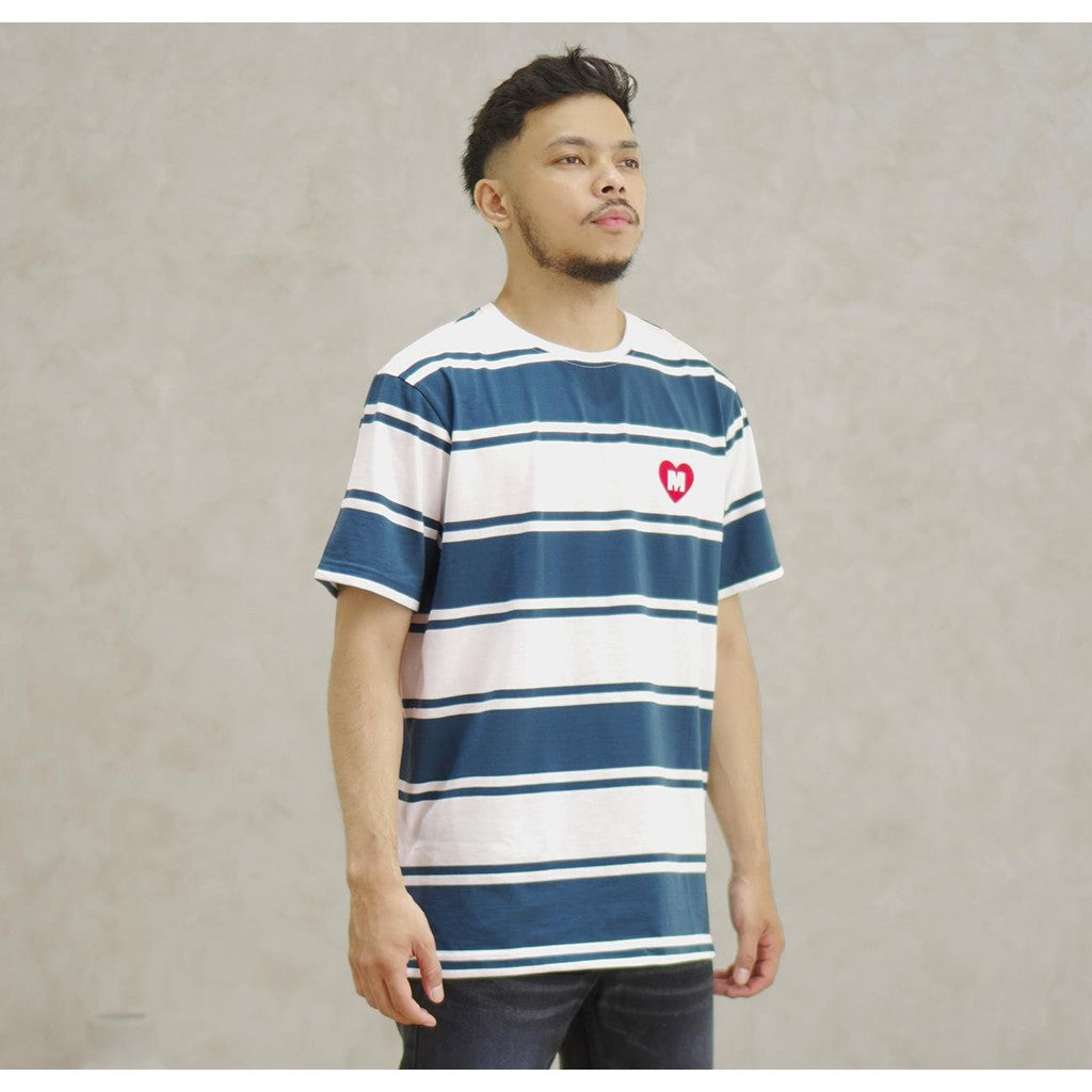 MATSUDA Kaos Pria T-Shirt Stripe Cotton Tsukumi Teal White