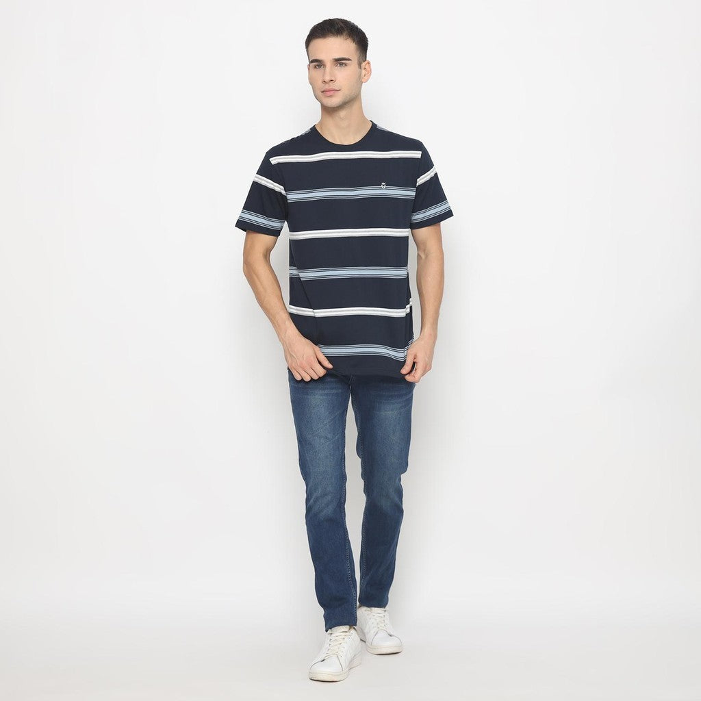 MATSUDA T Shirt Pria Kaos Stripe Lengan Pendek Motosu Navy