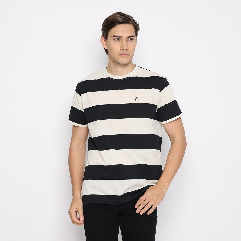Matsuda T Shirt Pria Kaos Stripe Nanao Black OFF White