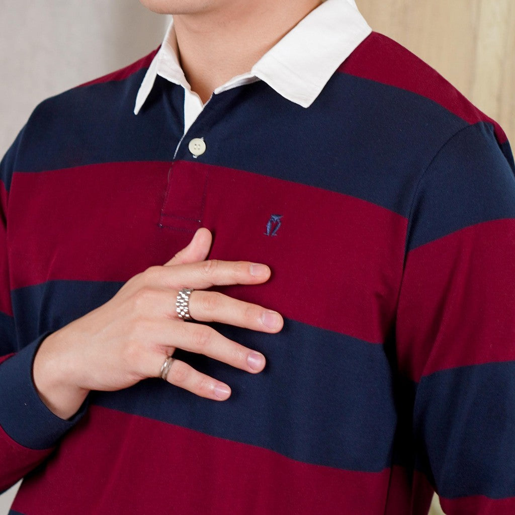 Matsuda Kaos Rugby Polo Shirt Katun Pria Lengan Panjang Nagai Navy Burgundy