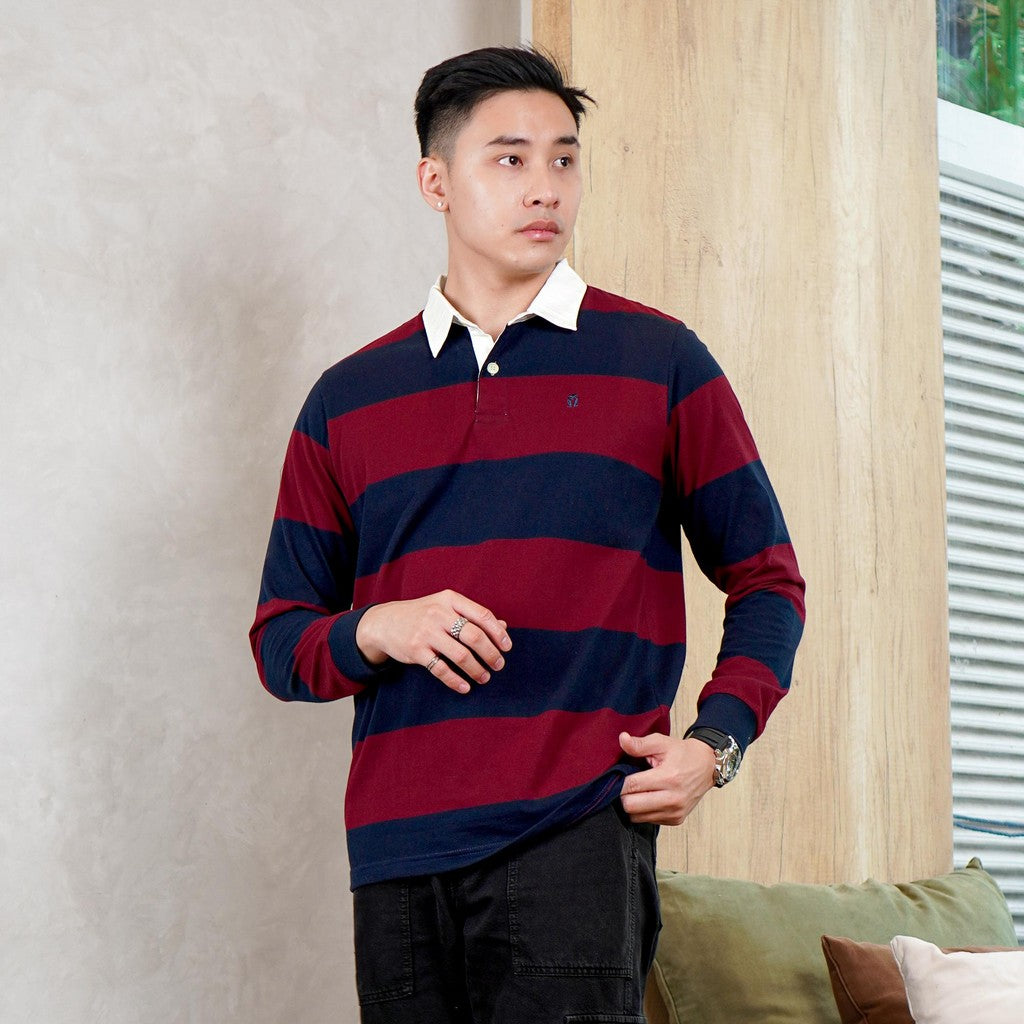 Matsuda Kaos Rugby Polo Shirt Katun Pria Lengan Panjang Nagai Navy Burgundy