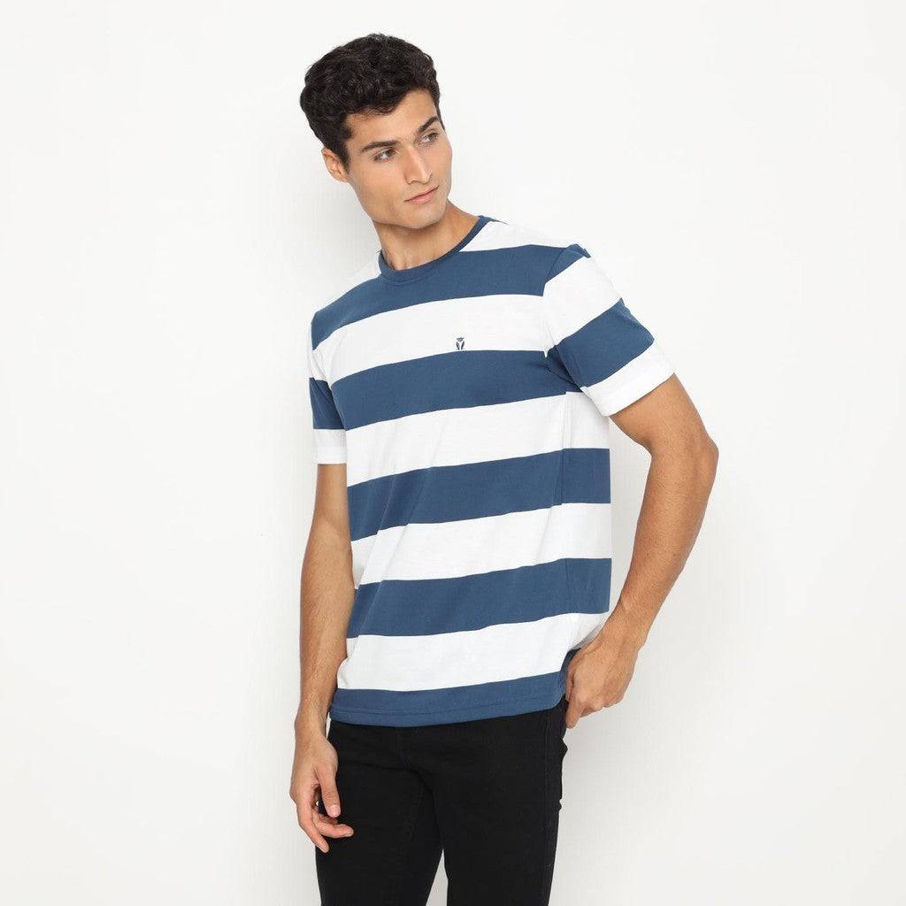 Matsuda T Shirt Pria Kaos Stripe Nanao  Blue Teal White