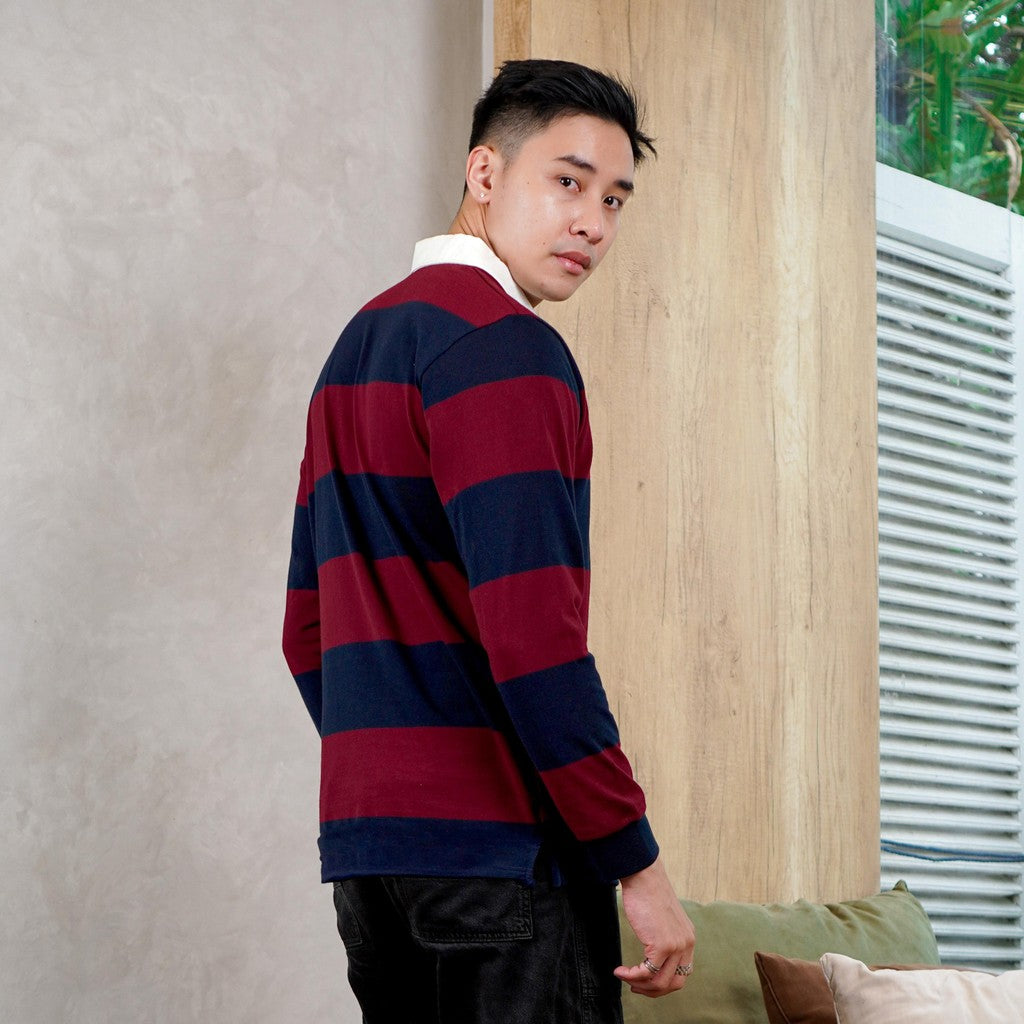 Matsuda Kaos Rugby Polo Shirt Katun Pria Lengan Panjang Nagai Navy Burgundy