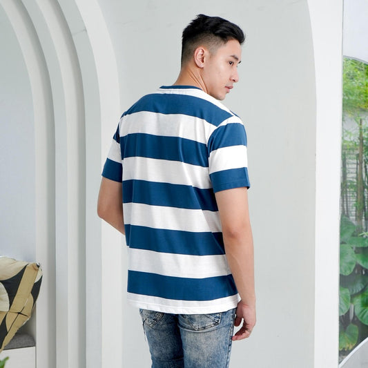 Matsuda T Shirt Pria Kaos Stripe Nanao Steel Blue White