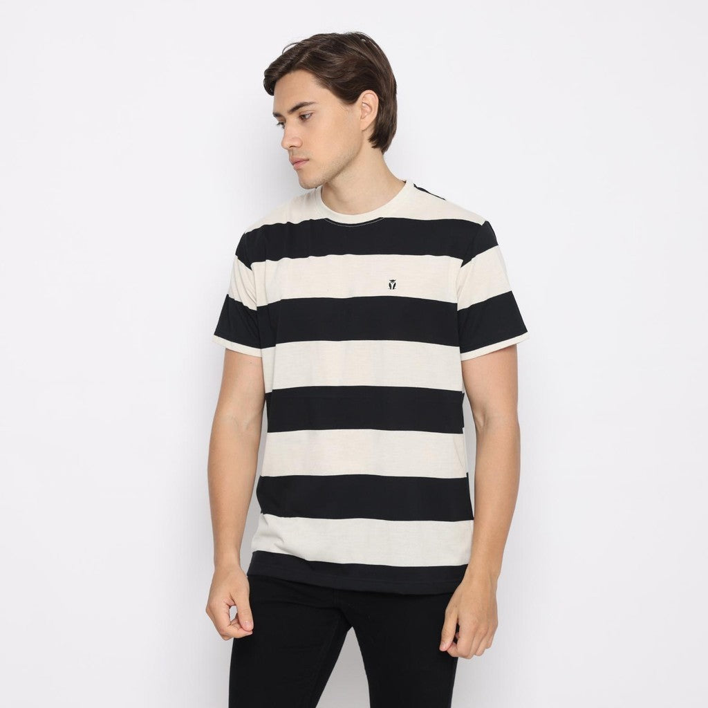 Matsuda T Shirt Pria Kaos Stripe Nanao Black OFF White