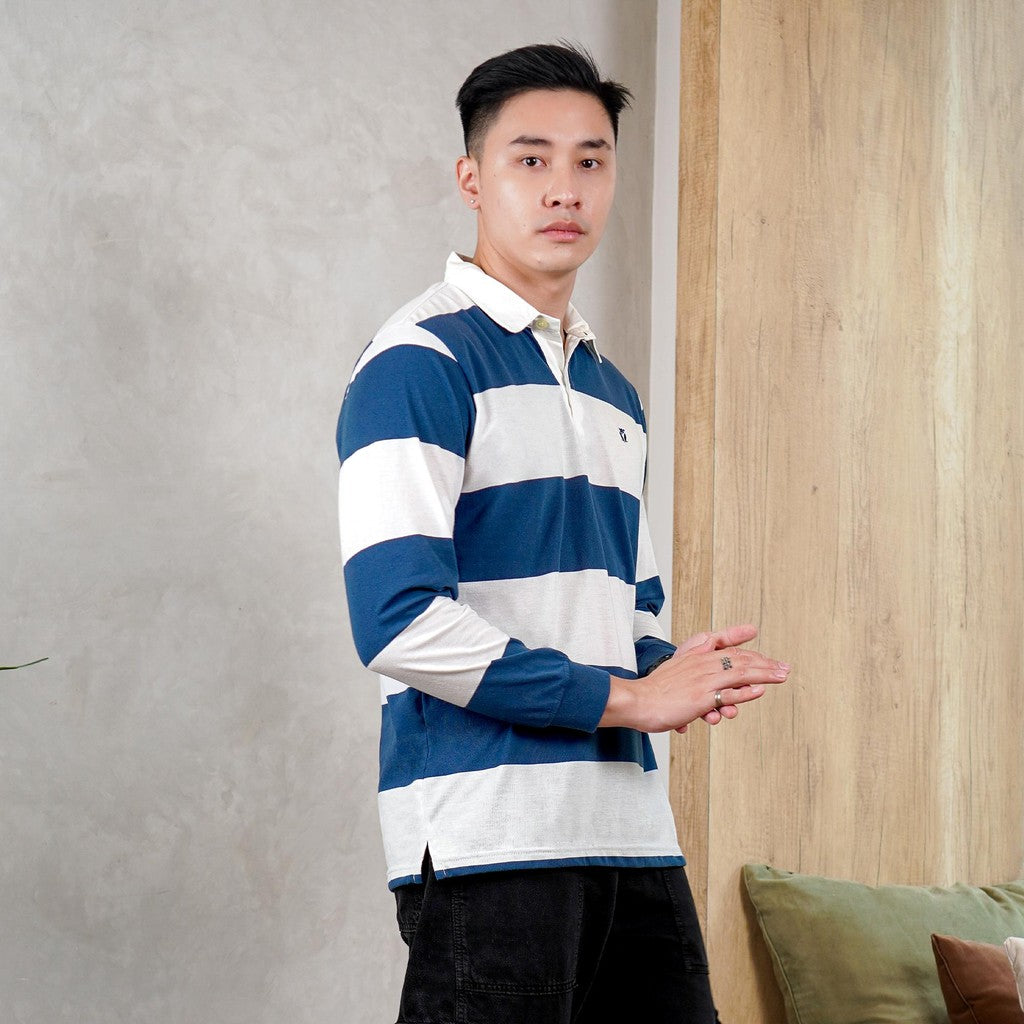 Matsuda Kaos Rugby Polo Shirt Katun Pria Lengan Panjang Nagai Blue Teal - White