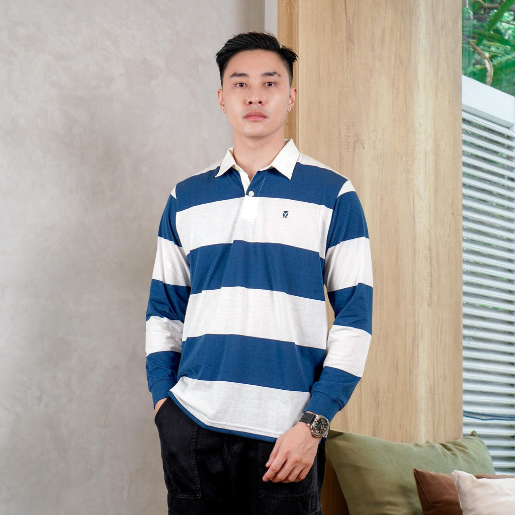 Matsuda Kaos Rugby Polo Shirt Katun Pria Lengan Panjang Nagai Blue Teal - White