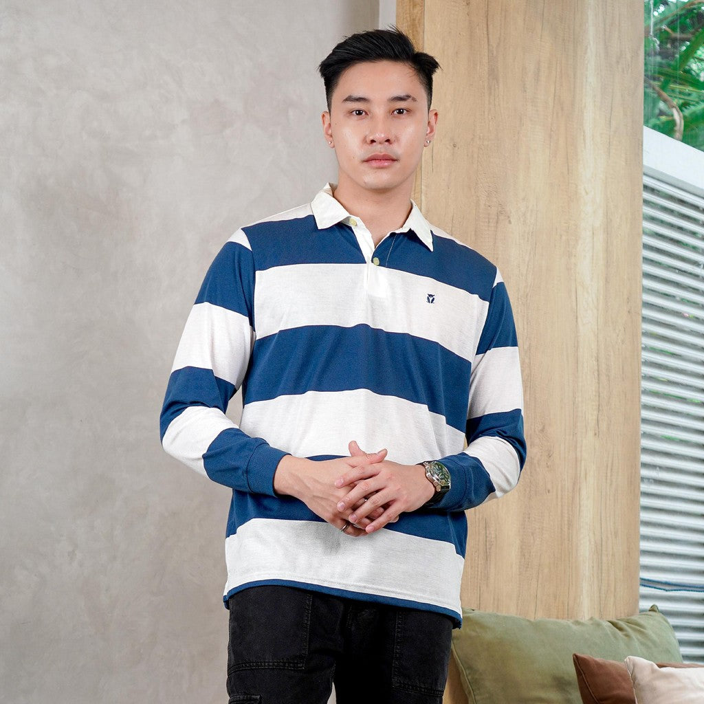 Matsuda Kaos Rugby Polo Shirt Katun Pria Lengan Panjang Nagai Blue Teal - White
