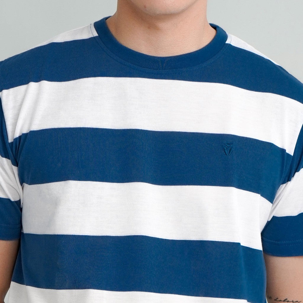 Matsuda T Shirt Pria Kaos Stripe Nanao Steel Blue White