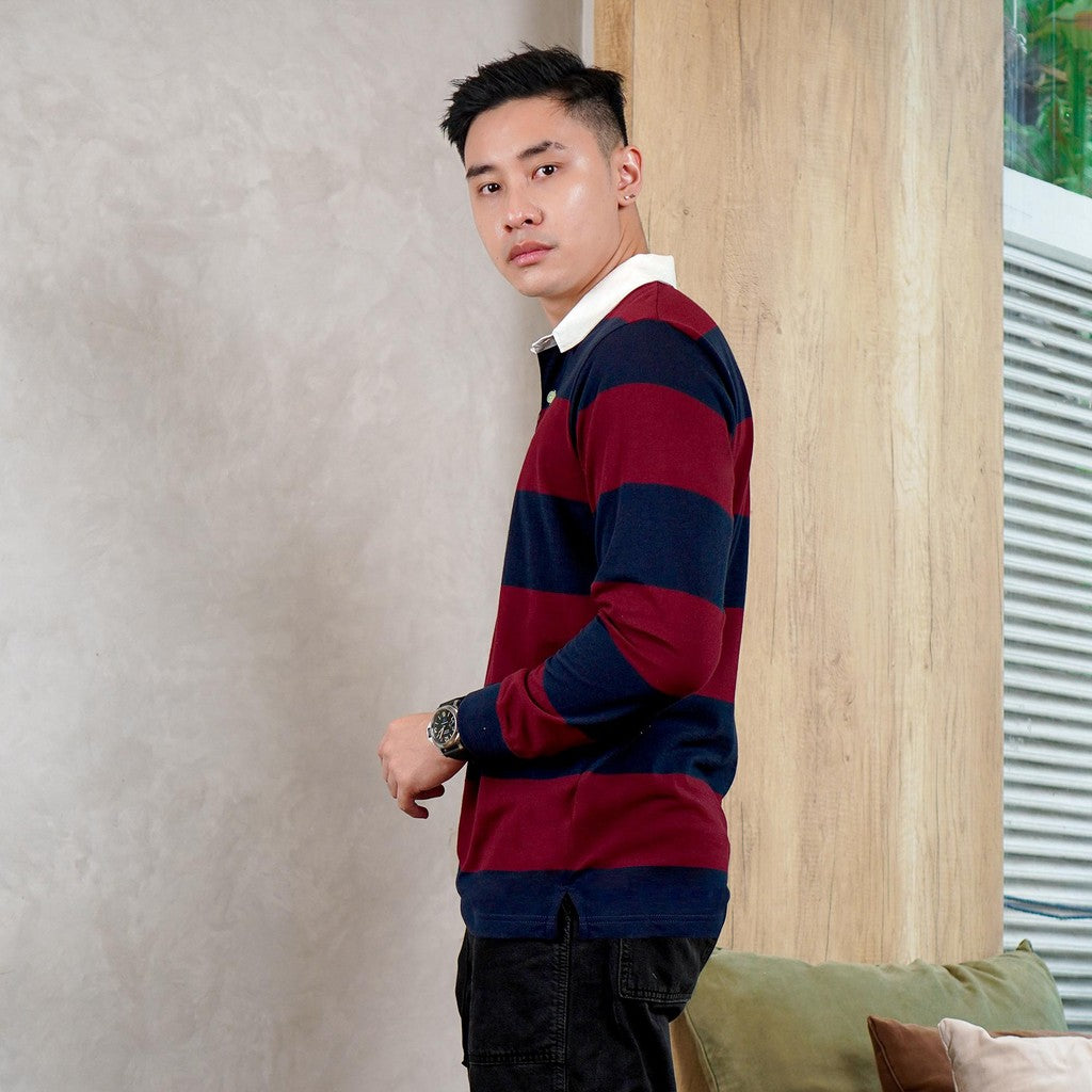 Matsuda Kaos Rugby Polo Shirt Katun Pria Lengan Panjang Nagai Navy Burgundy