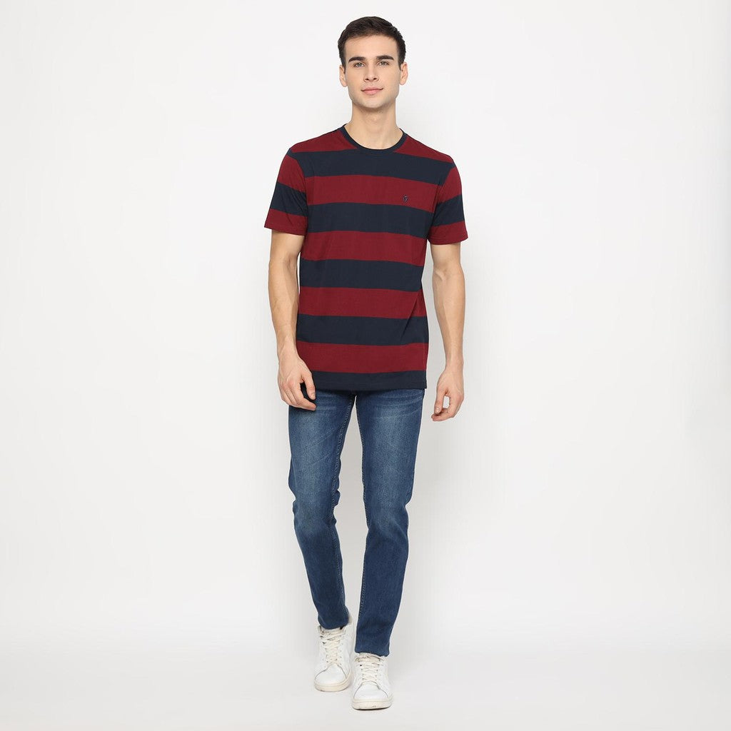 Matsuda T Shirt Pria Kaos Stripe Nanao Baju Katun Combed Garis Navy Burgundy