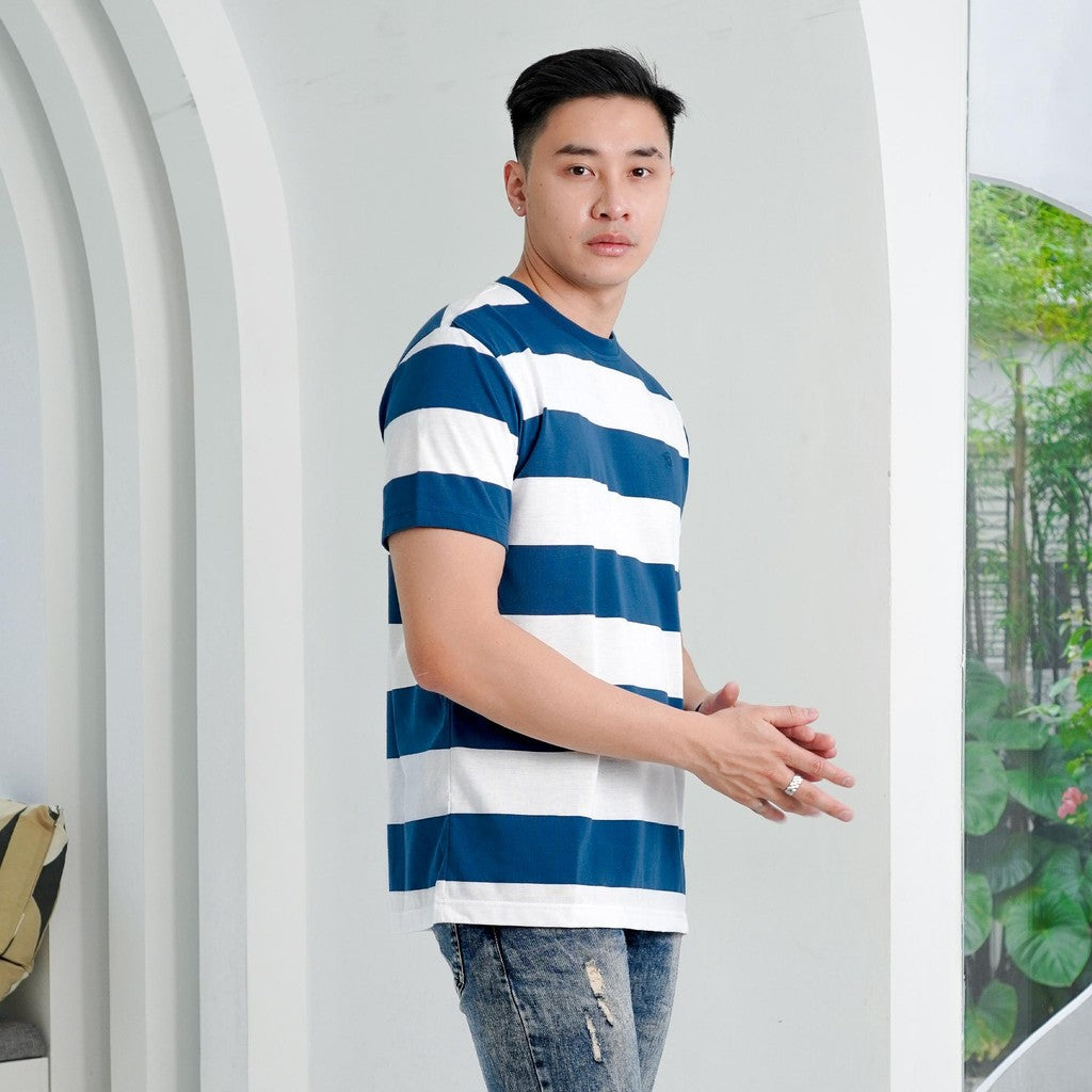 Matsuda T Shirt Pria Kaos Stripe Nanao Steel Blue White