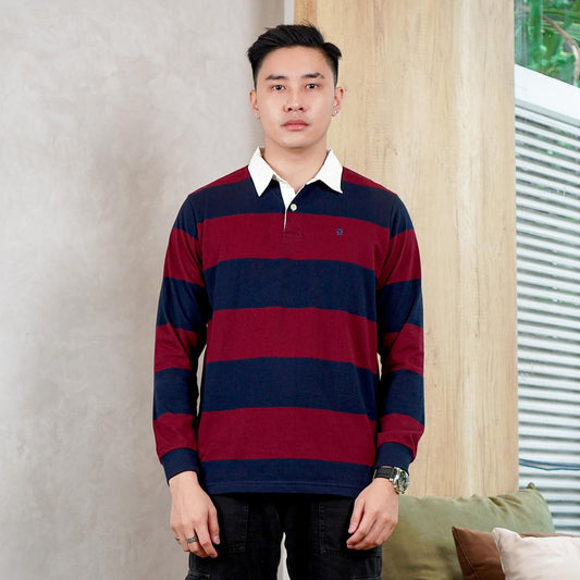Matsuda Kaos Rugby Polo Shirt Katun Pria Lengan Panjang Nagai Navy Burgundy