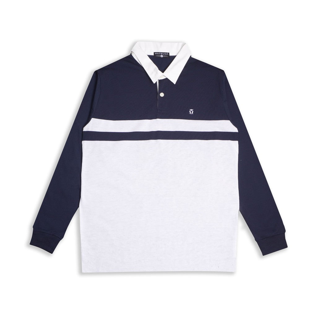 Matsuda Kaos Rugby Polo Shirt Katun Pria Lengan Panjang Yasugi Navy White