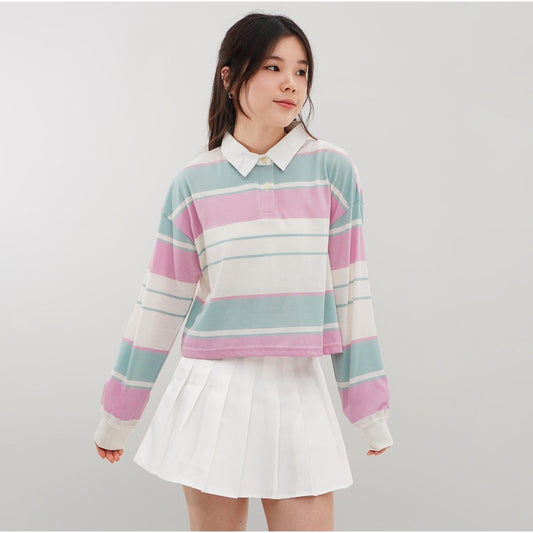 Matsuda Polo Rugby Crop top katun Annya Pink Offwhite