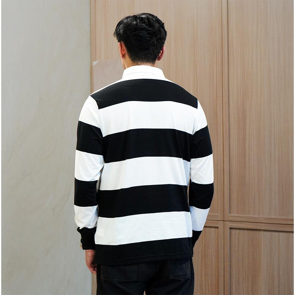 Matsuda Kaos Rugby Polo Shirt Katun Pria Lengan Panjang Nagai Black White