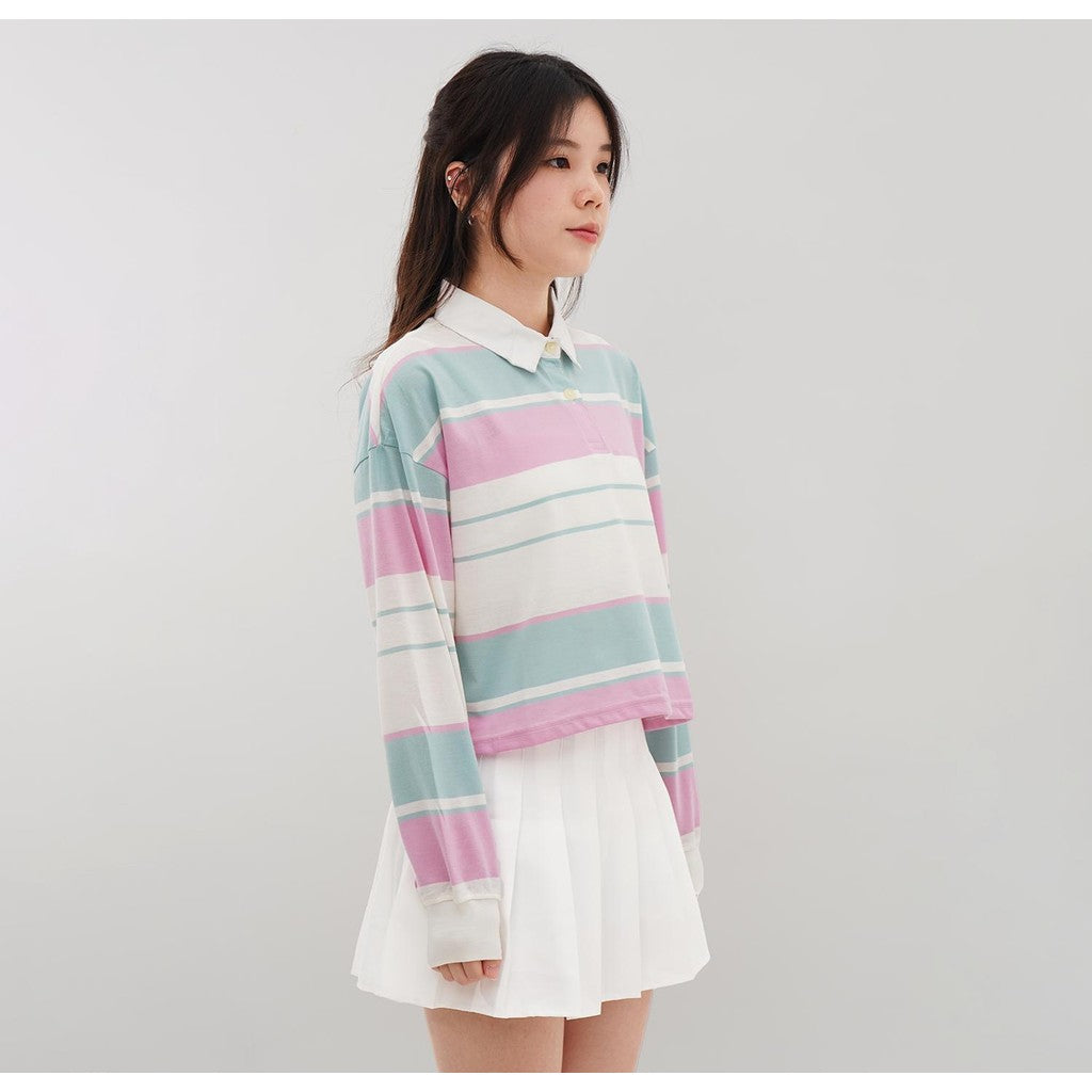 Matsuda Polo Rugby Crop top katun Annya Pink Offwhite