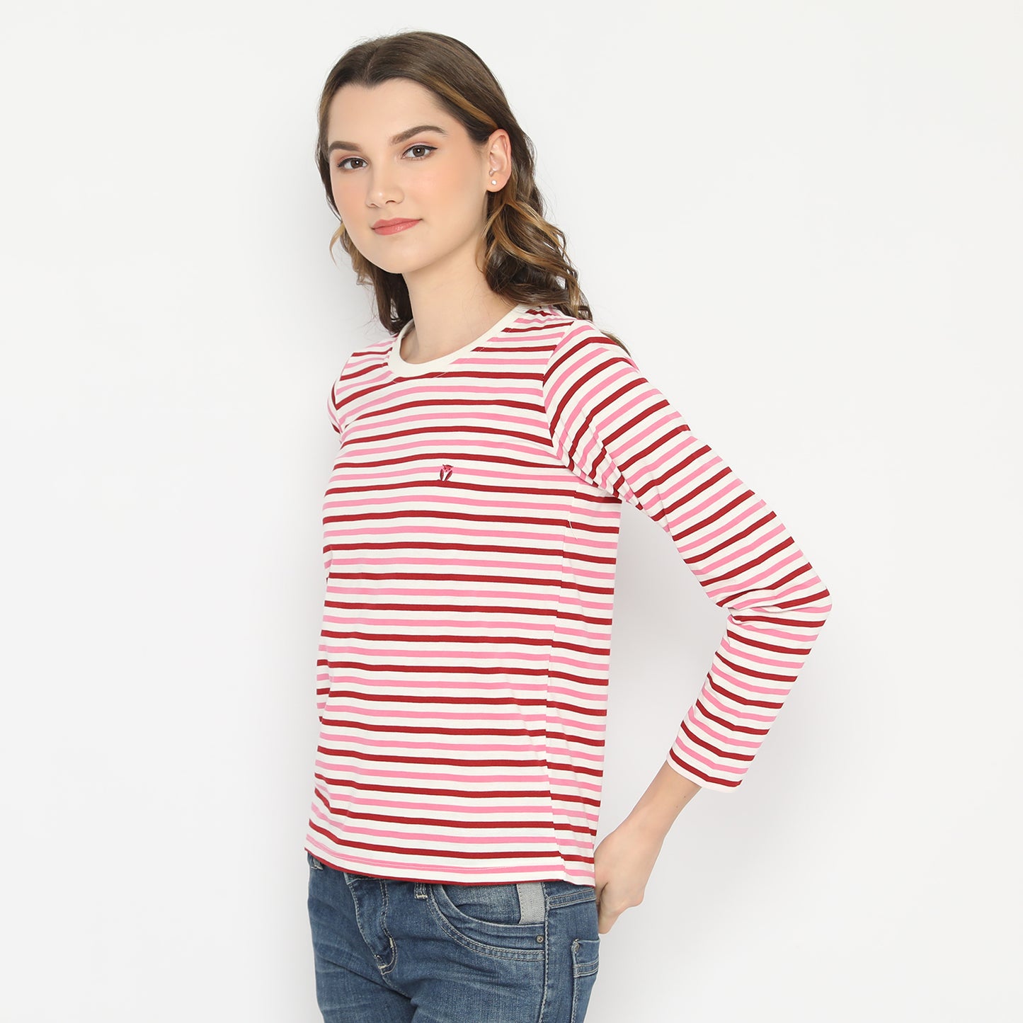 MATSUDA Kaos Wanita T Shirt Stripe Katun Poppy